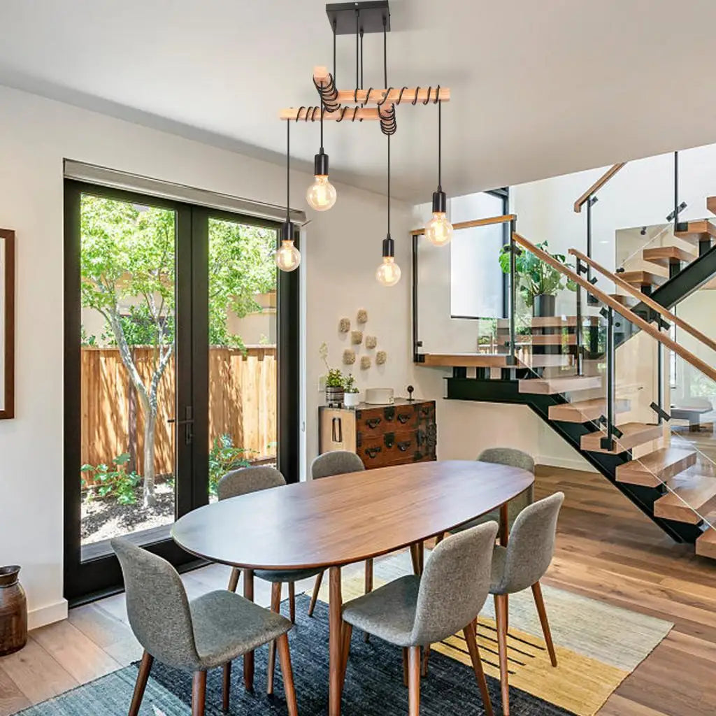 ForgeGlo Industrieller Kronleuchter aus Holz und Metall – Vintage Deckenleuchte mit Retro-Edison-Glühbirnen