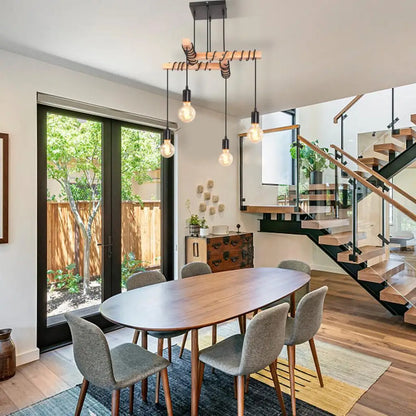 ForgeGlo Industrieller Kronleuchter aus Holz und Metall – Vintage Deckenleuchte mit Retro-Edison-Glühbirnen