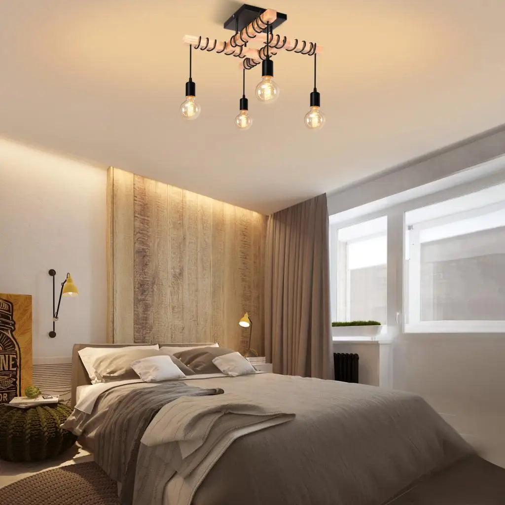 ForgeGlo Industrieller Kronleuchter aus Holz und Metall – Vintage Deckenleuchte mit Retro-Edison-Glühbirnen