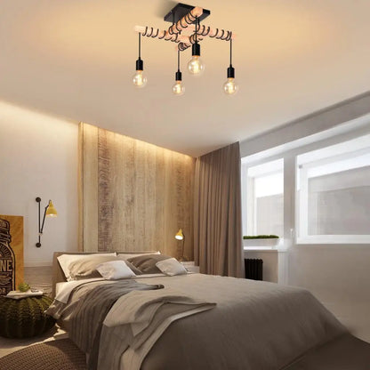 ForgeGlo Industrieller Kronleuchter aus Holz und Metall – Vintage Deckenleuchte mit Retro-Edison-Glühbirnen