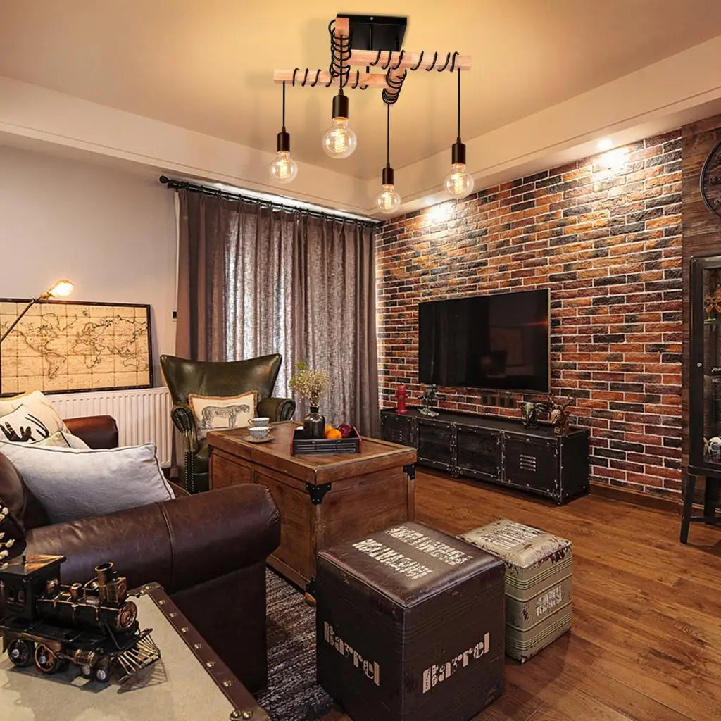 ForgeGlo Industrieller Kronleuchter aus Holz und Metall – Vintage Deckenleuchte mit Retro-Edison-Glühbirnen