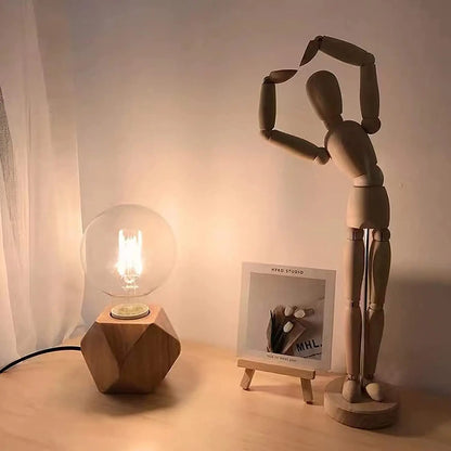 Retro Holz Tischlampe mit Lichterkugel – Dekorative Beleuchtung für Zuhause