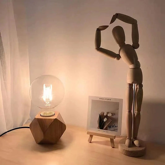 Retro Holz Tischlampe mit Lichterkugel – Dekorative Beleuchtung für Zuhause