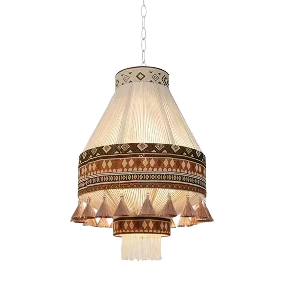 Boho Pendelleuchte mit Faltenstoff und Tribal-Muster – Handgefertigter Look für Wohnzimmer, Essbereich oder Café