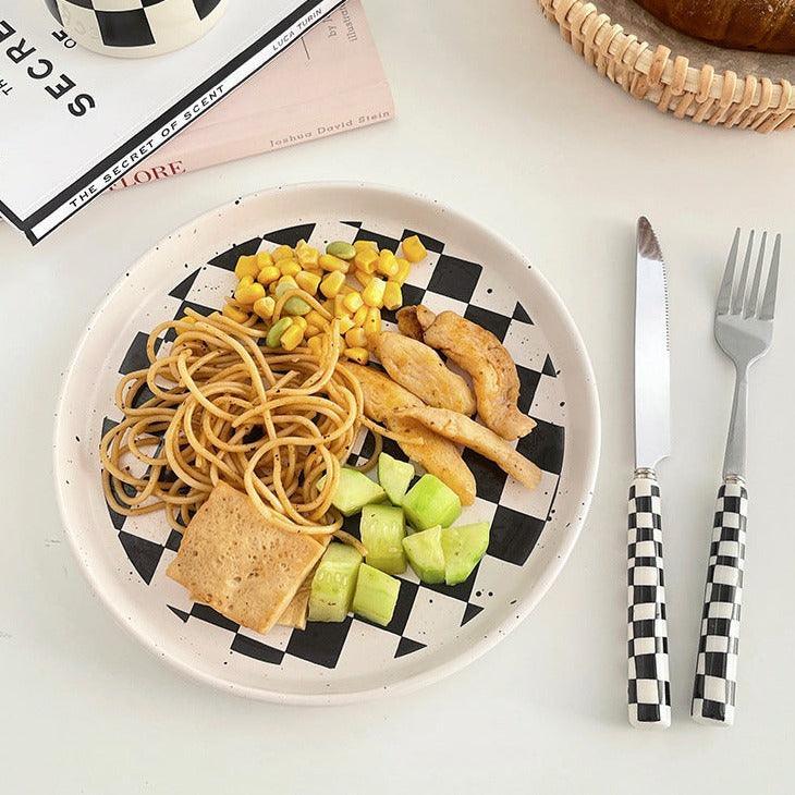 Kariertes Edelstahl Silber Besteck Black Rot Gelb Grün