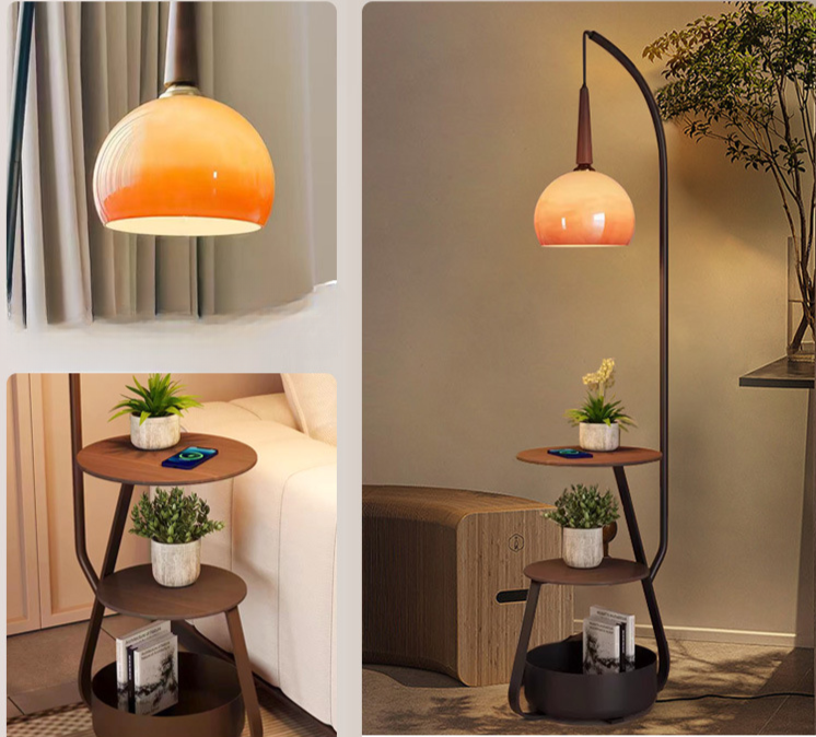 Bauhaus-inspirierter Nachttisch mit integrierter LED-Lampe – E27-Fassung, Metall-Holz-Glas-Mix, funktionales Designstück
