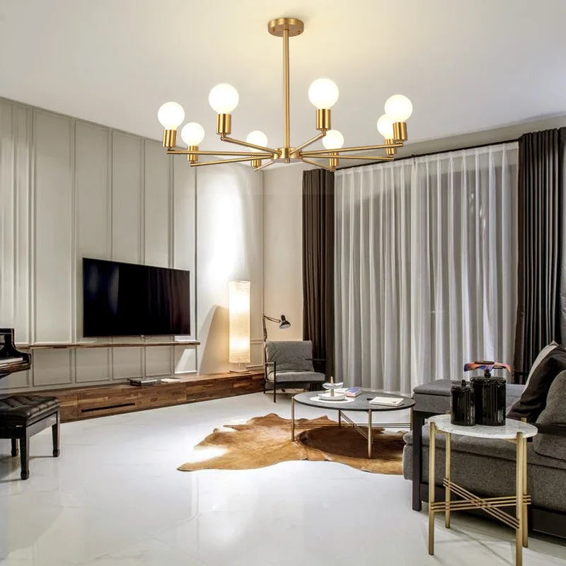 Moderner Goldfarbener Kronleuchter aus Metall mit Kugellampen – Eleganter Balken Kronleuchter für Esszimmer oder Wohnzimmer, LED-fähig