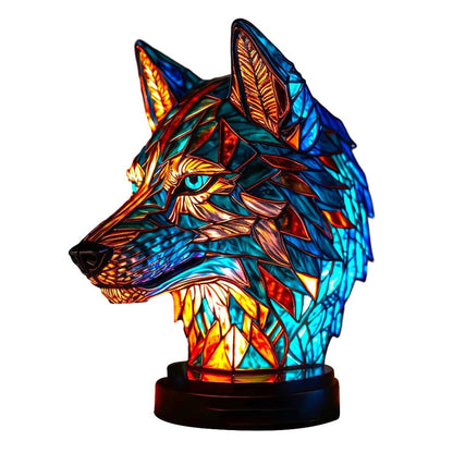 Tier-Glasmalerei-Lampe im Wolf-Design - Handgefertigte Bunte Tischlampe mit LED Beleuchtung, Dekorative Leuchte für Wohnzimmer & Schlafzimmer