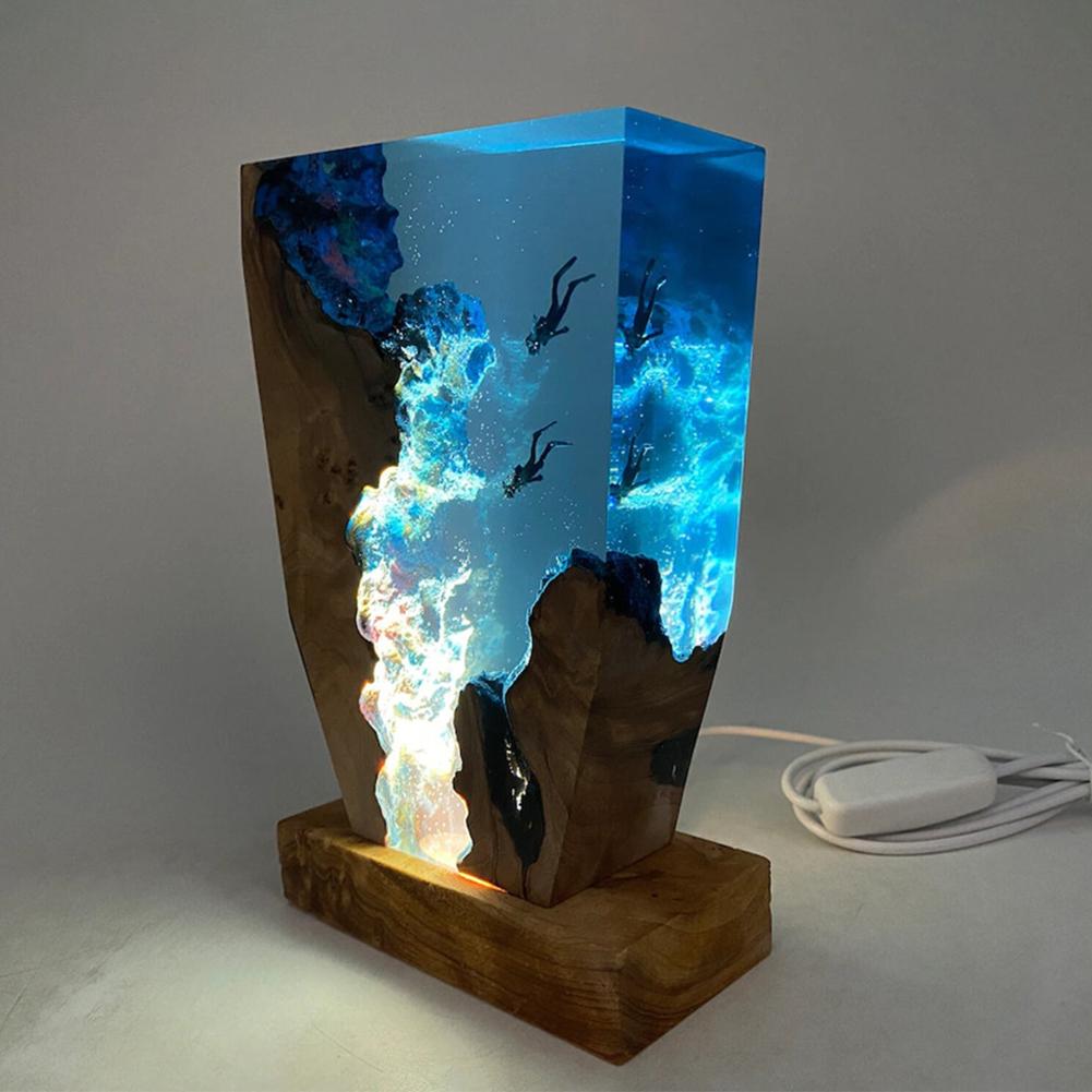 LED Ozean Taucher Tischlampe – Epoxidharz Holz Deko Lampe mit Karstlandschaft