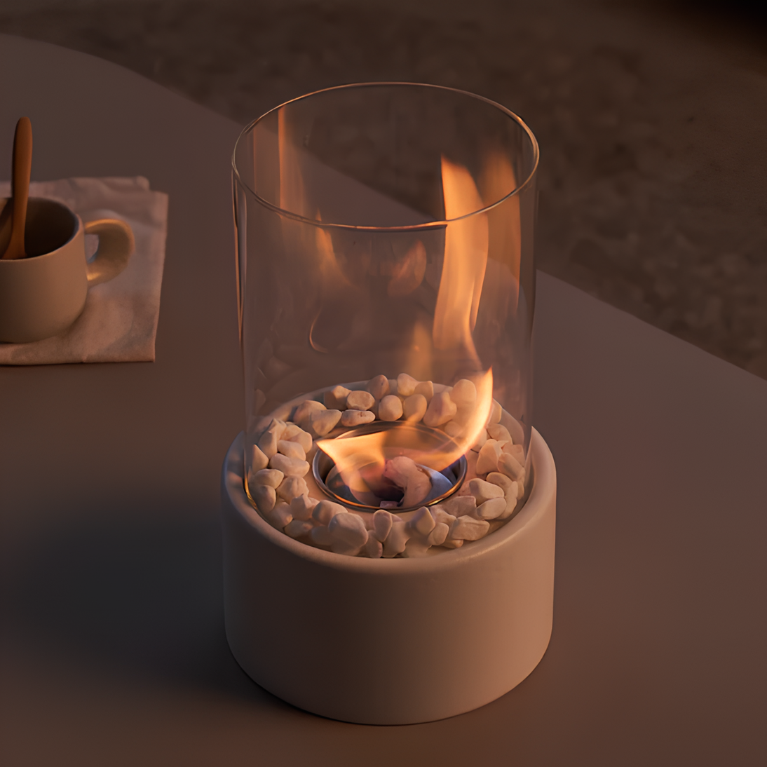 Mini Tischkamin mit Glaszylinder – Bioethanol-Feuerstelle für Innenräume, Balkon & Terrasse