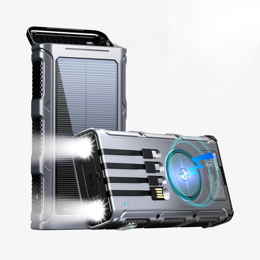 Outdoor Solar Powerbank mit 7-in-1 Ladefunktion, kabellosem Laden & Taschenlampe – Stoßfest, Wasserdicht & Staubdicht – Ideal für Camping, Wandern & Reisen