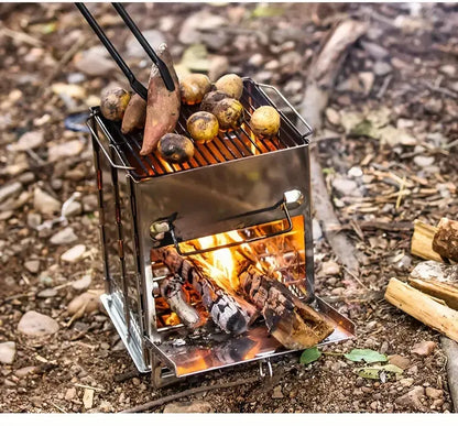 Faltbarer Camping-Ofen aus Edelstahl – Outdoor Holzofen zum Grillen, Kochen & Heizen – Ultrakompakt & Tragbar mit Zubehör-Set