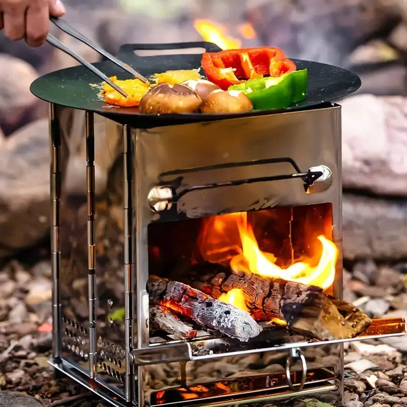 Faltbarer Camping-Ofen aus Edelstahl – Outdoor Holzofen zum Grillen, Kochen & Heizen – Ultrakompakt & Tragbar mit Zubehör-Set