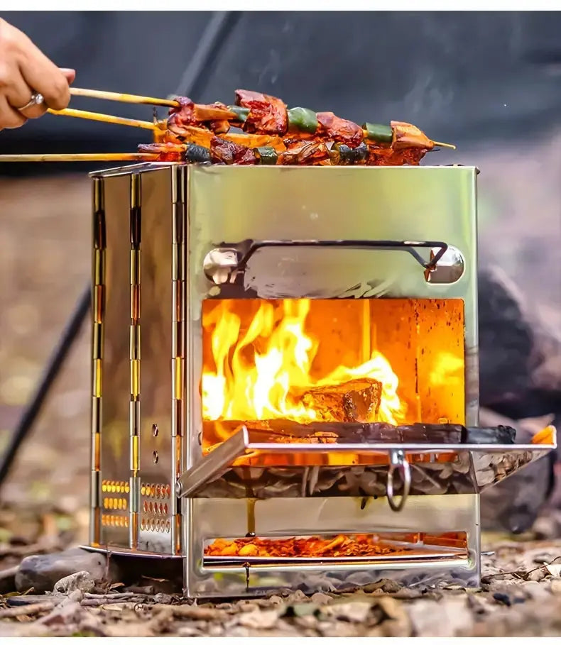 Faltbarer Camping-Ofen aus Edelstahl – Outdoor Holzofen zum Grillen, Kochen & Heizen – Ultrakompakt & Tragbar mit Zubehör-Set