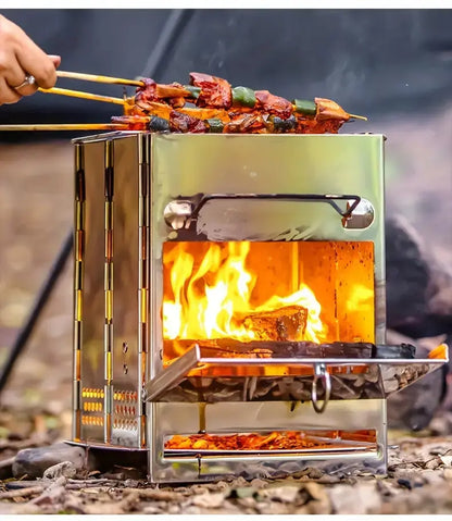 Faltbarer Camping-Ofen aus Edelstahl – Outdoor Holzofen zum Grillen, Kochen & Heizen – Ultrakompakt & Tragbar mit Zubehör-Set