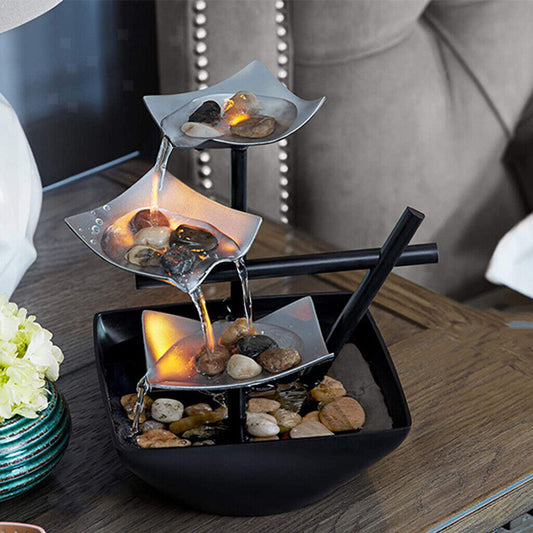 Table fountain with LED lighting – Quiet leaf fountain made of iron & plastic for relaxing home accents
