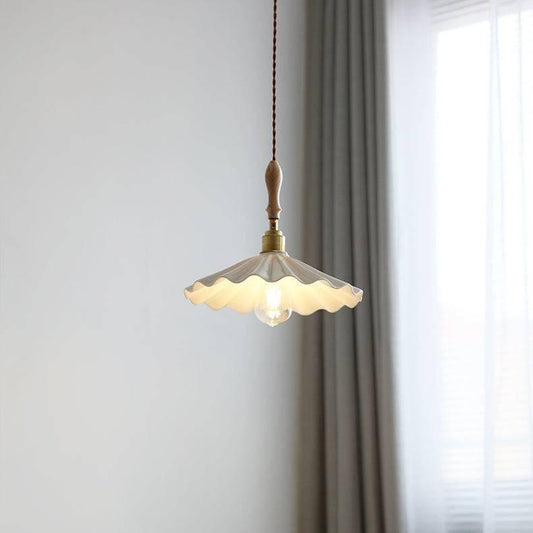 Vintage Wellen-Pendelleuchte im Retro-Look – Hängelampe mit Keramikschirm & Holzdetails für Esszimmer, Küche & Café-Stil