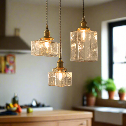 Vintage Glas Pendelleuchte – Retro Deckenlampe mit strukturiertem Glas & Messing-Finish für Esszimmer, Küche & Wohnzimmer