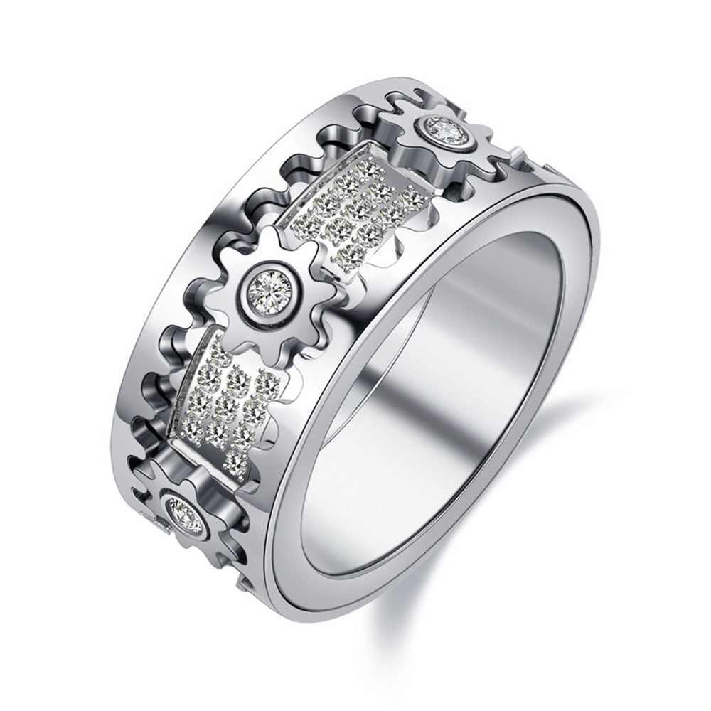 Drehbarer Anti-Stress Ring im Zahnrad-Design – Spinfinity Ring aus Silber mit Glitzersteinbesatz für Damen & Herren