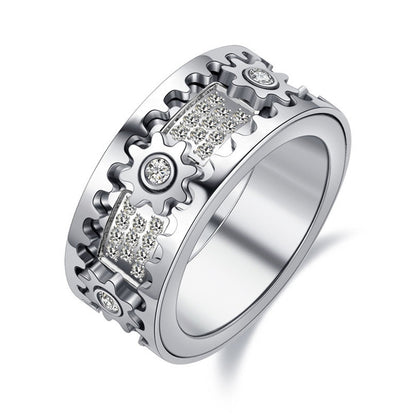 Drehbarer Anti-Stress Ring im Zahnrad-Design – Spinfinity Ring aus Silber mit Glitzersteinbesatz für Damen & Herren