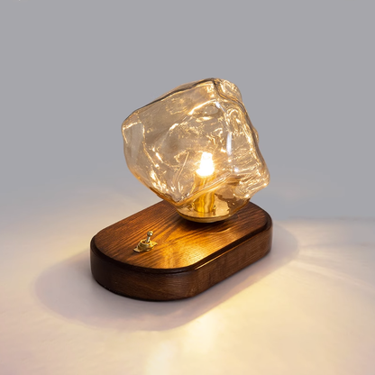 Ice Stone Glas Tischlampe – Exklusive LED-Leuchte mit G9-Fassung, Glasdesign & Holzdetails für stilvolle Akzentbeleuchtung