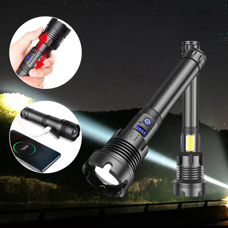 Taktische LED-Taschenlampe mit Zoomfunktion & 7 Lichtmodi – Wasserdicht, USB-aufladbar, superhell für Outdoor & Notfälle