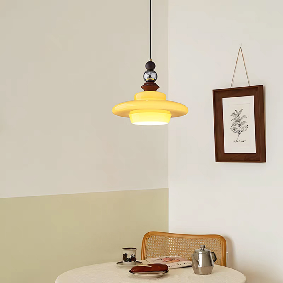 Retro Pendelleuchte im Mid-Century Design – Hängelampe mit Glas & Holzdetails für Wohnzimmer, Essbereich & Küche – Vintage Look