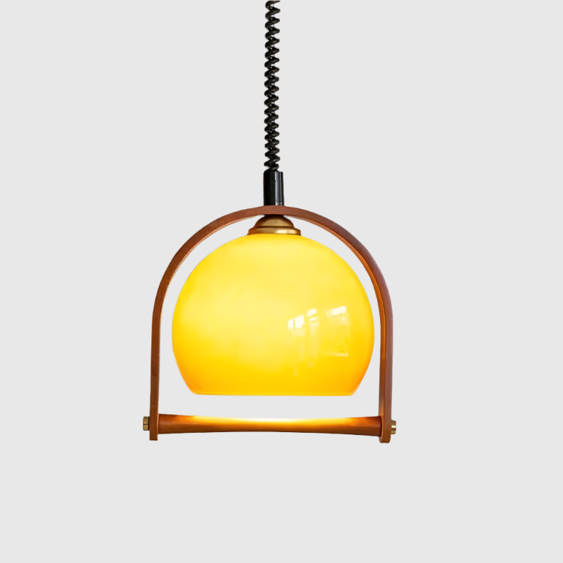 Retro Pendelleuchte im Mid-Century Stil – Holzrahmen & Bernsteinfarbener Glaslampenschirm für Esszimmer, Küche & Wohnzimmer