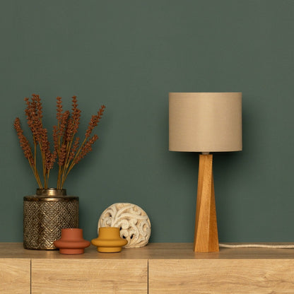 Moderne Holz-Tischlampe mit Stoffschirm - Minimalistische Tischleuchte aus Naturholz, warmes Licht für Wohnzimmer & Schlafzimmer – Skandinavisches Design