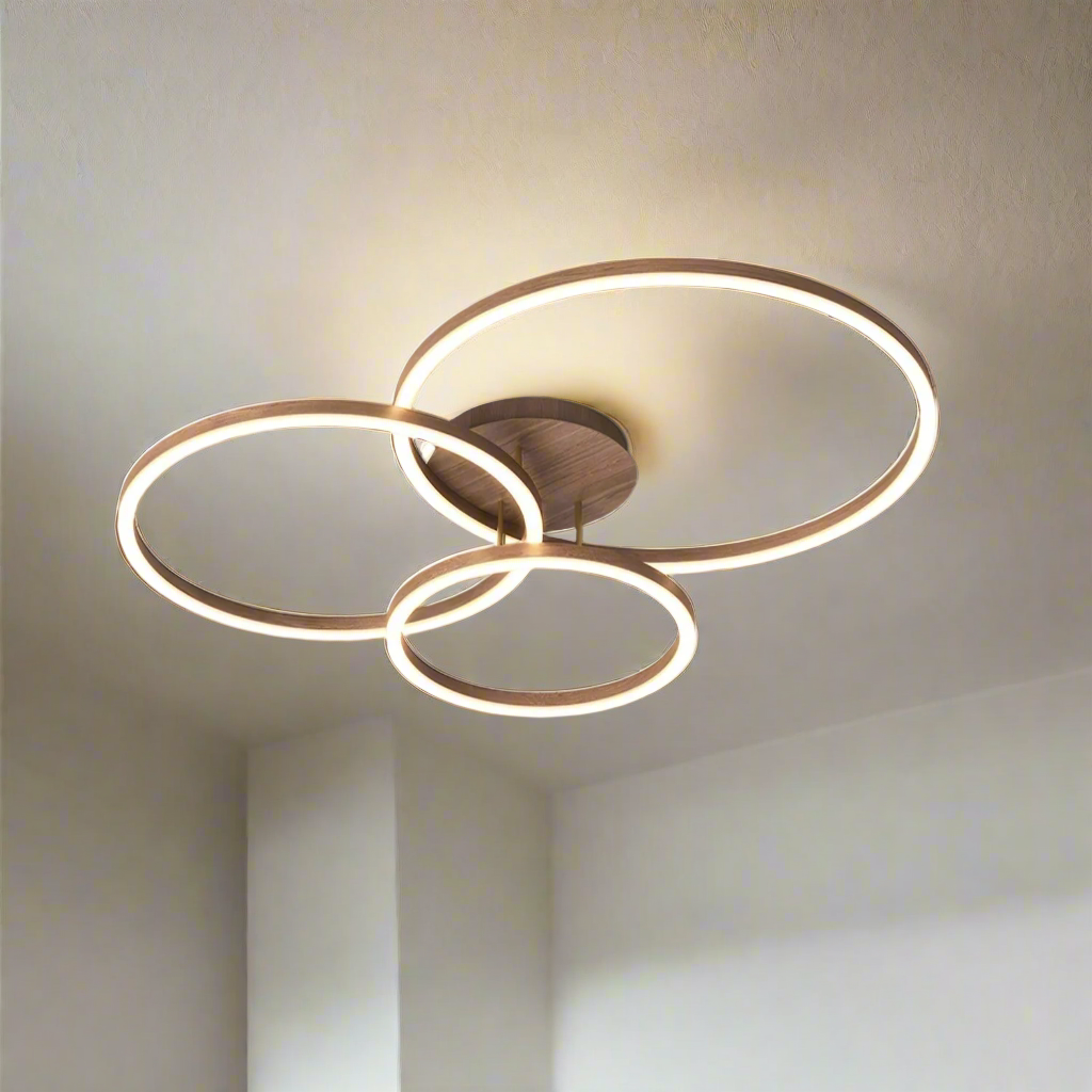 Moderne LED Deckenleuchte mit 3 Ringen – Minimalistische Deckenlampe mit Holz-Optik für Wohnzimmer, Esszimmer & Büro