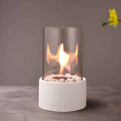 Mini Tischkamin mit Glaszylinder – Bioethanol-Feuerstelle für Innenräume, Balkon & Terrasse